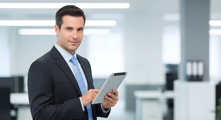 Fototapeta premium Professional corporate executive working on laptop in modern office with natural daylight and shallow depth of field