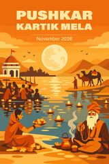 Vector colorful illustration of Pushkar Kartik Mela- pilgrims bathing in the sacred Pushkar Lake under the full moon, with the Brahma Temple, desert camels, glowing ritual lamps, and ascetic figures