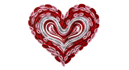 Intricate Red and White Quilled Heart on Black Background isolated on a transparent background