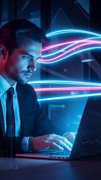 Businessman Using Laptop with Neon Light Effects in Dark Office