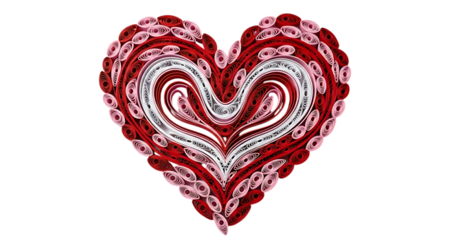 Intricate Red and White Quilled Heart on Black Background isolated on a transparent background - Powered by Adobe