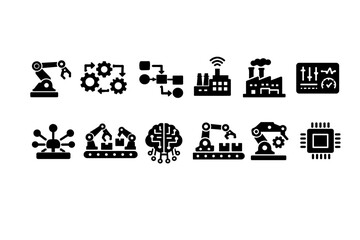 Fototapeta premium Industrial automation solid icon set for factories and technology systems