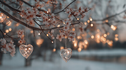 Delicate cherry blossoms illuminate with warm fairy lights, while glass heart ornaments add a touch of romance to the serene winter scene.