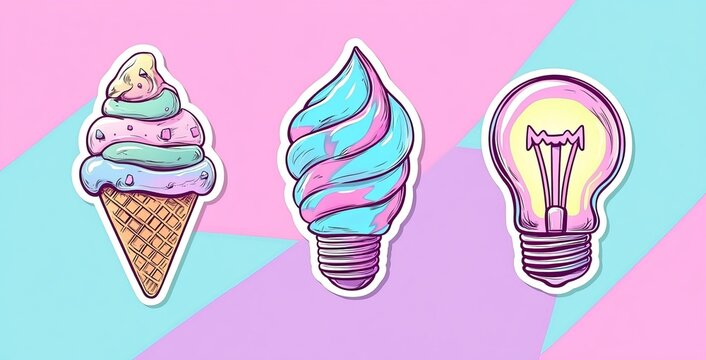 Ice cream with a light bulb and thunderbolt presented in a modern pop art style icon illustration design