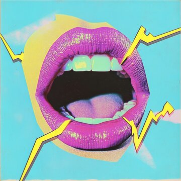 The fusion of contemporary art collage and modern design gives rise to a striking image of a young man in chic youth clothes paired with a female mouth and lips, all set against a bold abstract