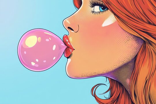 In a pop art comic modern illustration, a close-up view of a woman's face is seen blowing a bubble with pink bubble gum