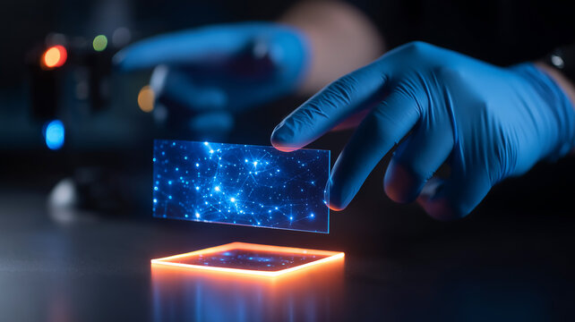 Gloved hand holding a glass data chip above a digital platform, symbolizing secure computing, encryption, and connected networks.
