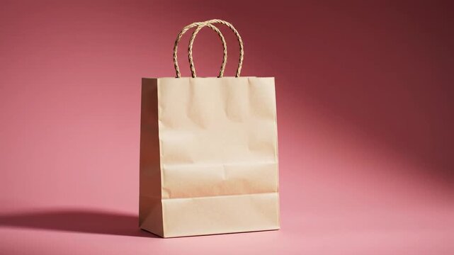 Simple brown paper shopping bag with rope handles on a pink background.