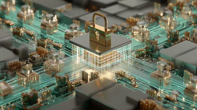 Padlock on a microchip platform symbolizing cybersecurity, encryption and protected digital infrastructure.
