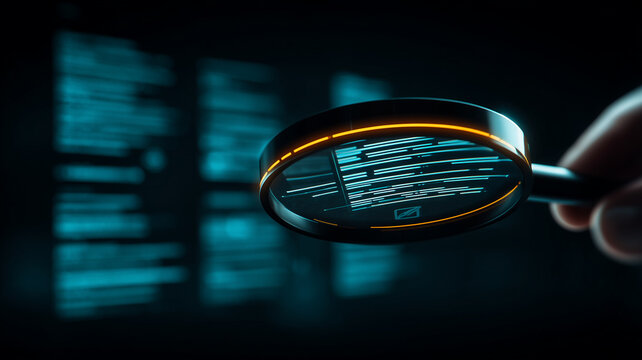 Magnifying glass inspecting source code on a screen representing software audit and cybersecurity analysis.
