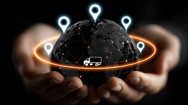 Hands holding a connected globe with location pins and delivery truck icon, representing global logistics, tracking, and supply networks.

