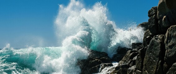 Powerful turquoise ocean wave crashing violently against dark, rugged coastal rocks under a clear bright blue sky on a sunny day, creating a dramatic white splash and spray