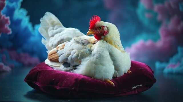 Poule blanche pos&eacute;e sur coussin
