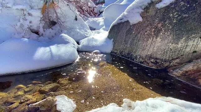A crystal clear stream flows through melting snow in a spring forest. Bright sunlight reflects and sparkles in the water, creating a warm, peaceful atmosphere of early spring and nature awakening.