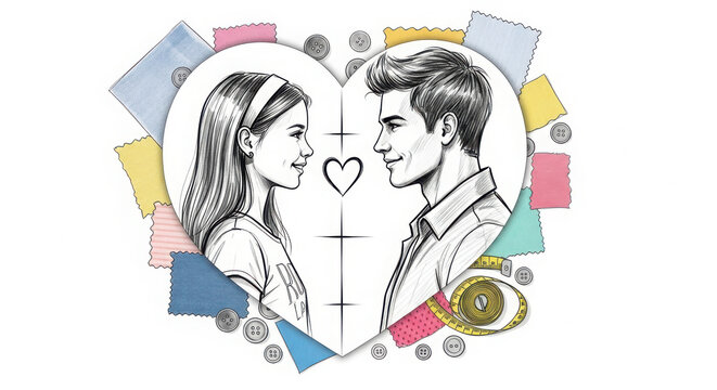Loving couple faces profile in heart shape with colorful background