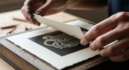 Close-up of an artist's hands carefully peeling back paper to reveal a fresh black and white linocut print in a studio workshop
