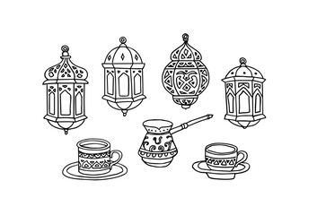 Ramadan Moroccan Lanterns, Arabic Coffee Line Art icons set Isolated on Background. Islamic Elements. Fanous Dallah. Black and White Outline Vector Illustration Coloring Pages Clipart Eid Design