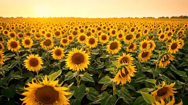 Vibrant sunflower field stretches towards the horizon under a warm, golden sunset glow.