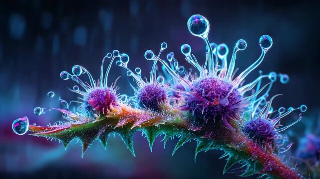 Microscopic view of plant resin glands or trichomes in ultraviolet light, 3D biological illustration.