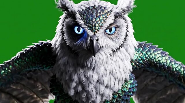 A majestic, digitally rendered creature, resembling a powerful owl, dynamically spreads its wings against a vibrant green screen backdrop. The intricate design showcases detailed white and grey feathe