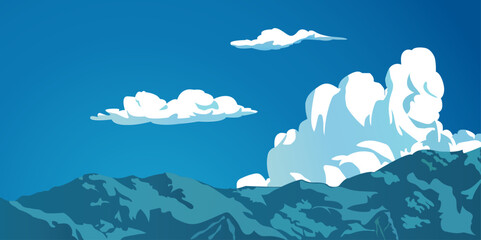 Vector illustration mountain landscape with clouds. A Breathtaking View of serene green rocks and Majestic Mountains Under a Cloudy Sky