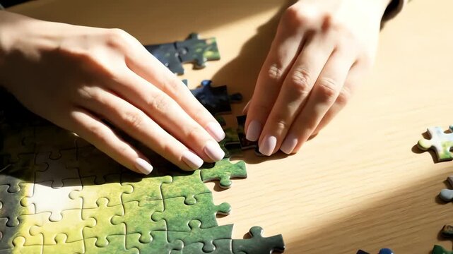 Hands completing green jigsaw puzzle game,indoor,game