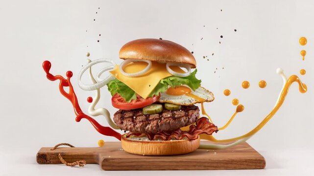 A creative and dynamic conceptual shot of a "flying" deconstructed cheeseburger featuring a grilled beef patty, fried egg, crispy bacon, and fresh vegetables floating above a wooden cutting board 