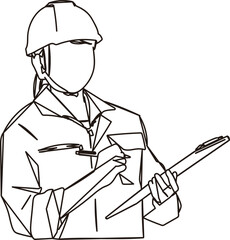 書類をチェックする建設業の女性作員の線画イラスト