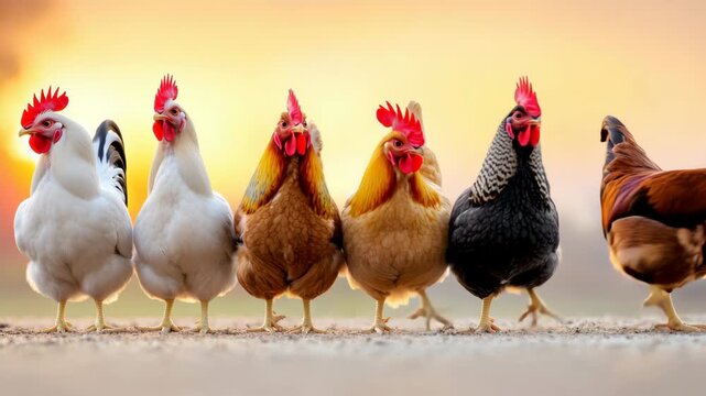 Colorful Hens Standing in a Row at Sunset - Rural Farm and Countryside Scene