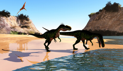 Monolophosaurus Dinosaurs - A Pteranodon flies over two Monolophosaurus dinosaurs taking a drink of water. © Catmando
