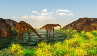 Spinophorosaurus Dinosaurs in River - Spinophorosaurus is a sauropod dinosaur from Niger that lived in the Jurassic Period. © Catmando