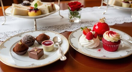 Elegant Afternoon Tea Display with Cakes and Sandwiches.