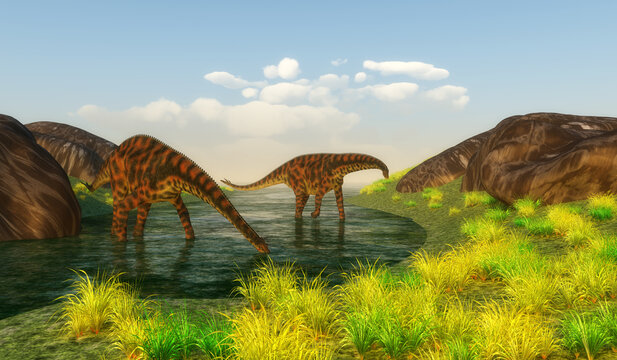 Spinophorosaurus Dinosaurs in River - Spinophorosaurus is a sauropod dinosaur from Niger that lived in the Jurassic Period.