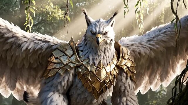 A majestic fantastical creature, resembling a powerful winged beast with the head and wings of a formidable bird and the body of a mighty feline, stands grandly amidst a sun-drenched enchanted forest.