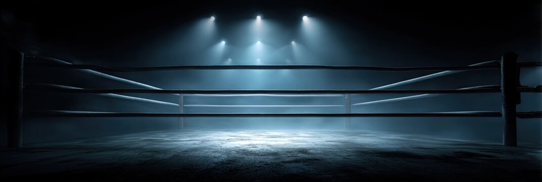 Empty Boxing Ring Illuminated by Overhead Spotlights.