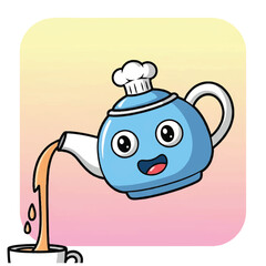 Obraz premium Cartoon Teapot Pouring Liquid with Chef Hat.