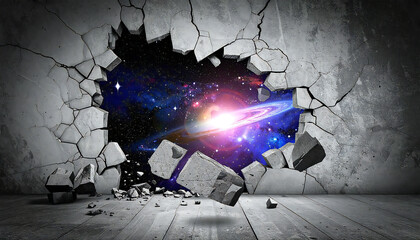 View of Earth and Outer Space Breaking Through a Concrete Wall.
