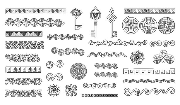 Ancient Greek pattern element vector set with classic meander ornaments