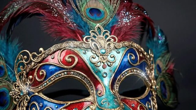This video showcases an exquisitely crafted masquerade mask, bursting with vibrant color and opulent detail. The elaborate design features striking peacock feathers and plush plumes in rich red and bl