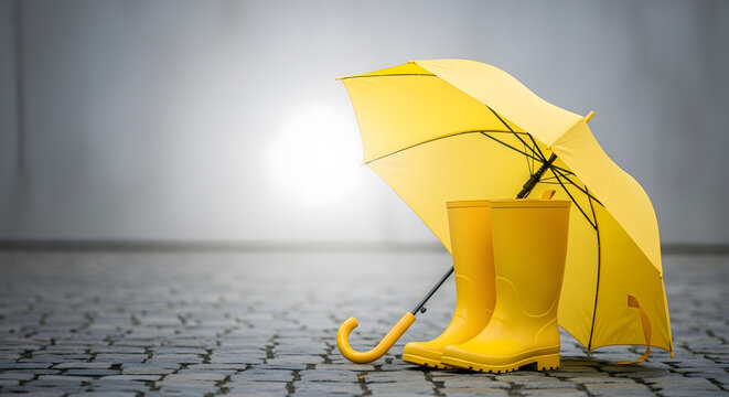 Yellow rain boots and umbrella on cobblestone surface outdoors  