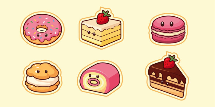Kawaii Cute Desserts and Pastries Vector Stickers Collection. Cartoon Sweet Food Icons Set including Donut, Cake, Macaron, and Swiss Roll.