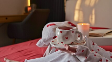 Cozy morning with a heart-themed mug of tea and a book by candlelight