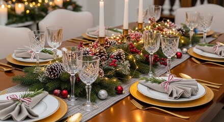 Elegant Christmas Dinner Table Setting with Festive Decorations.