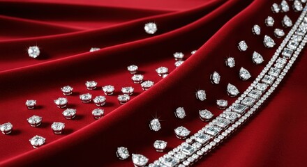 Elegant diamonds scattered on luxurious red velvet fabric, creating a rich texture.