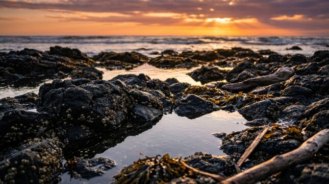 Dark wet volcanic rocks with barnacles and seaweed form a tide pool on a rugged coastline during a beautiful and dramatic golden hour sunset over the ocean - Powered by Adobe