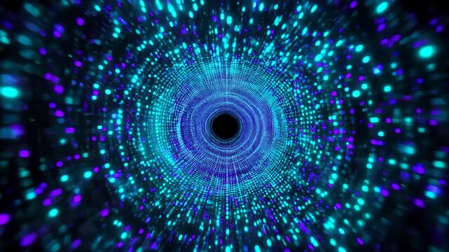 Abstract tunnel of glowing turquoise and purple data particles flowing toward the camera, smooth 3D motion, subtle camera push, 5‑second seamless loop