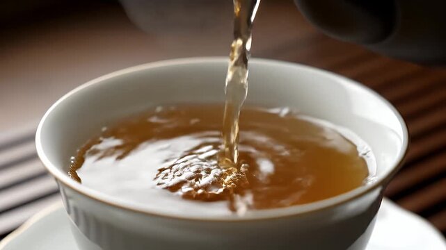 A close-up, high-speed photography style video captures a stream of golden oolong tea being poured into a cup, creating small bubbles and hyper-realistic ripples in the liquid.
