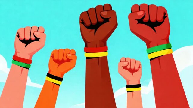 Diverse raised fists against blue sky signifying unity and strength