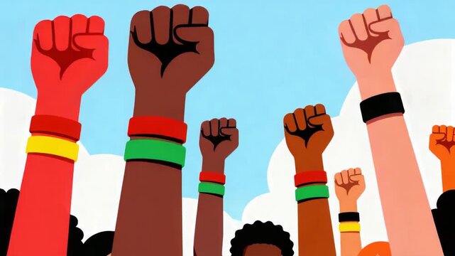 Empowered unity: diverse hands raised in solidarity against a bright sky