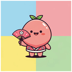 Cartoon Peach Character with Fan.